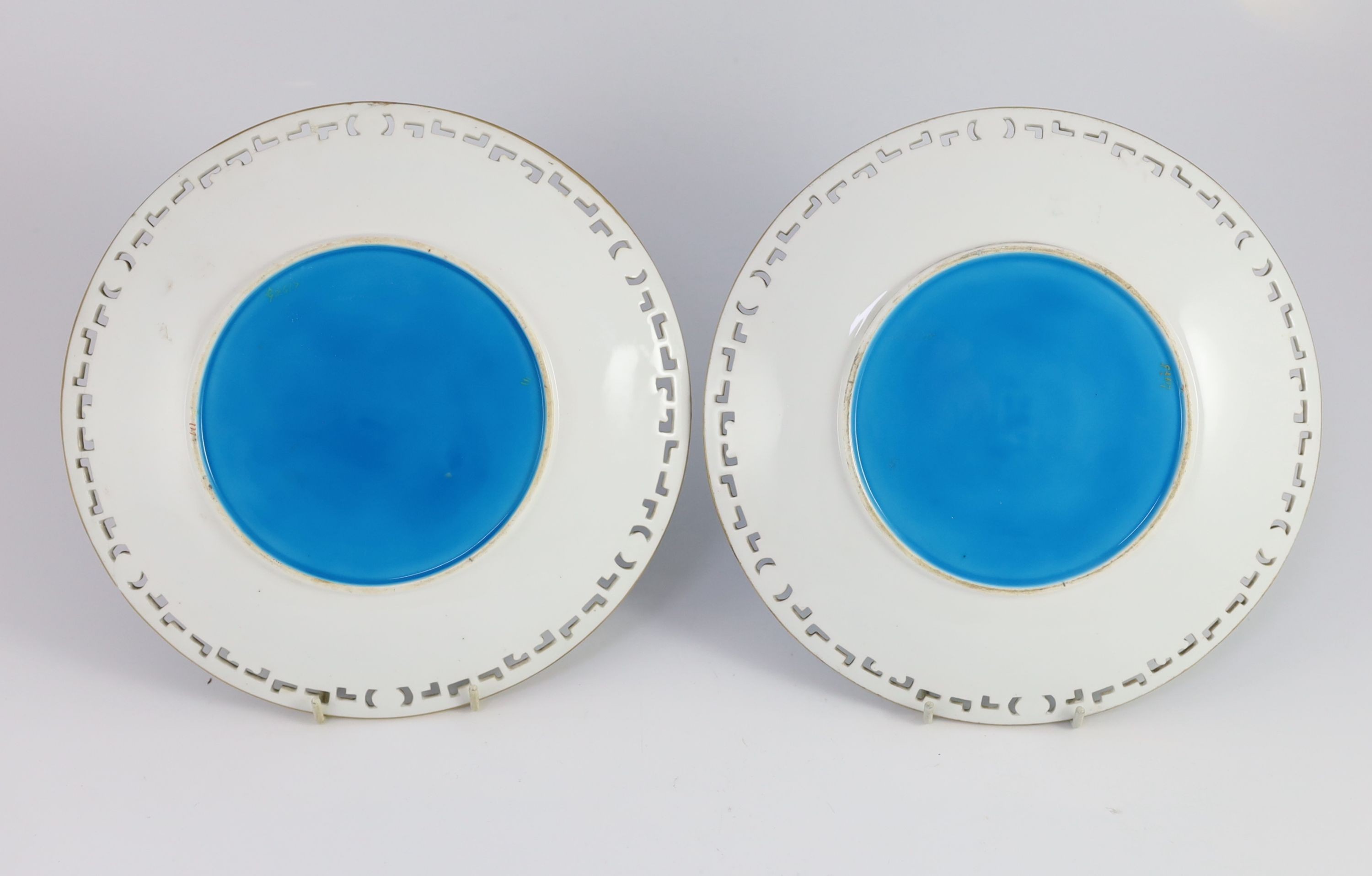 A pair of Minton ‘Limoges enamel’ cabinet plates, attributed to Desire Leroy, c.1877, 24cm diameter, One plate with small section of rim broken and glued